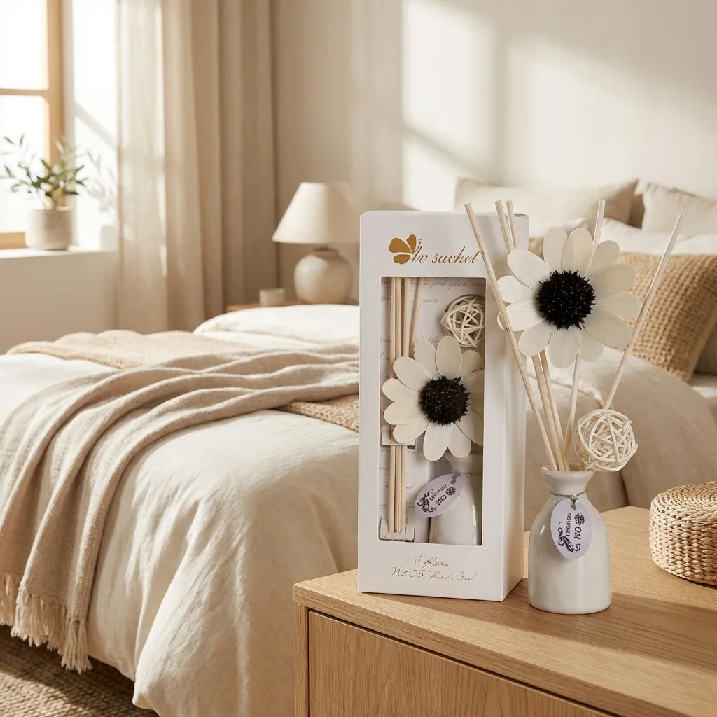 Diffuseur de parfum à bâtonnets céramique blanc avec fleurs, décoration chambre minimaliste