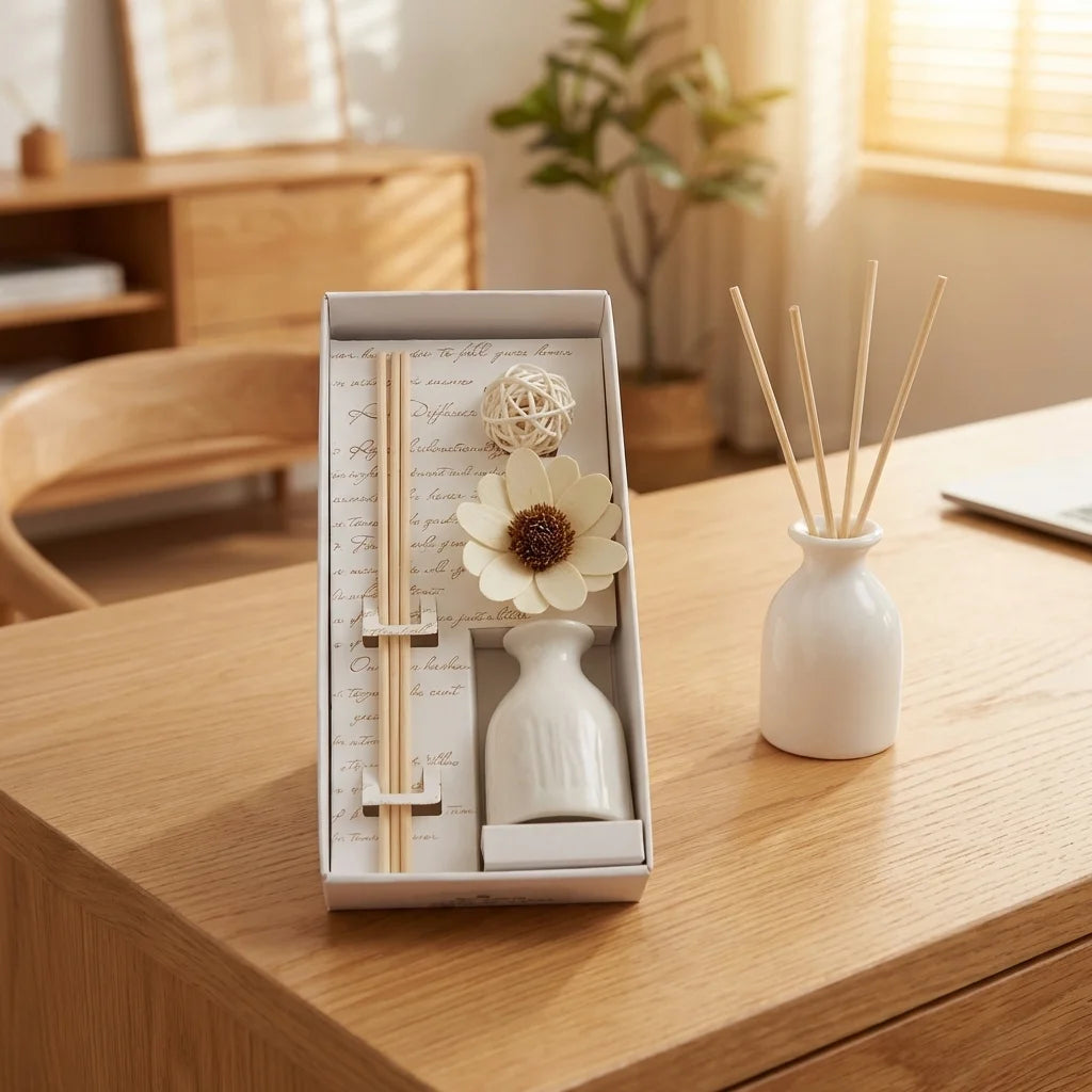 Diffuseur de parfum à bâtonnets blanc décoratif sur bureau en bois style japandi