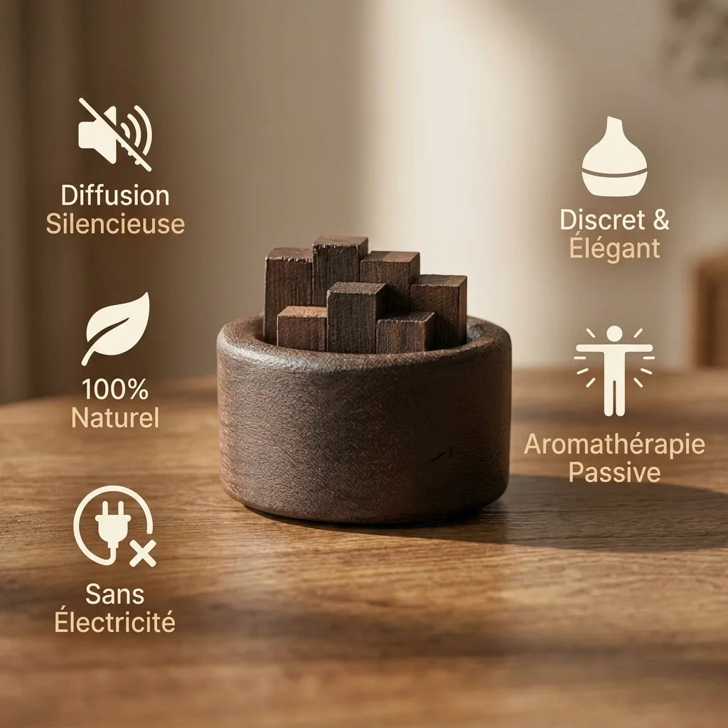Diffuseur bois cylindrique huiles essentielles avec bénéfices naturels et sans électricité