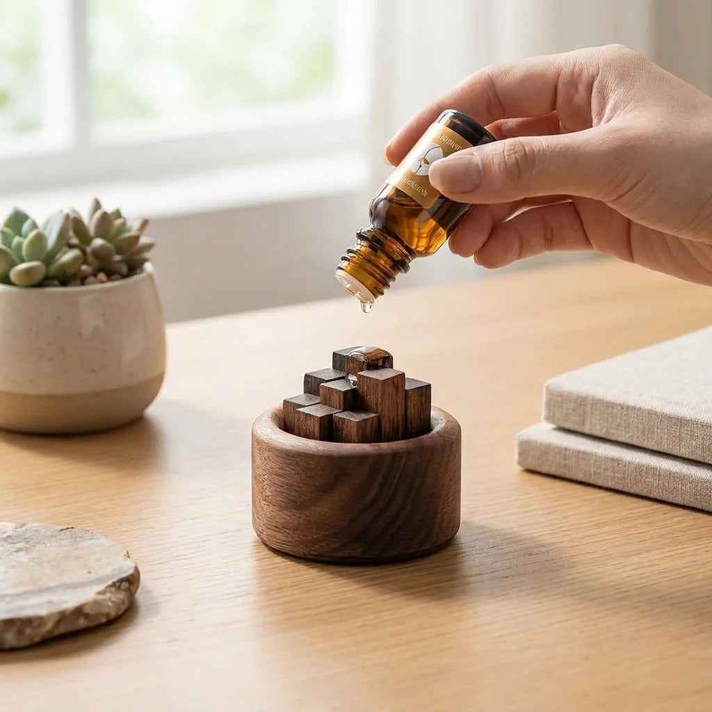 Diffuseur bois cylindrique huiles essentielles sur bureau avec flacon ambré, décoration zen