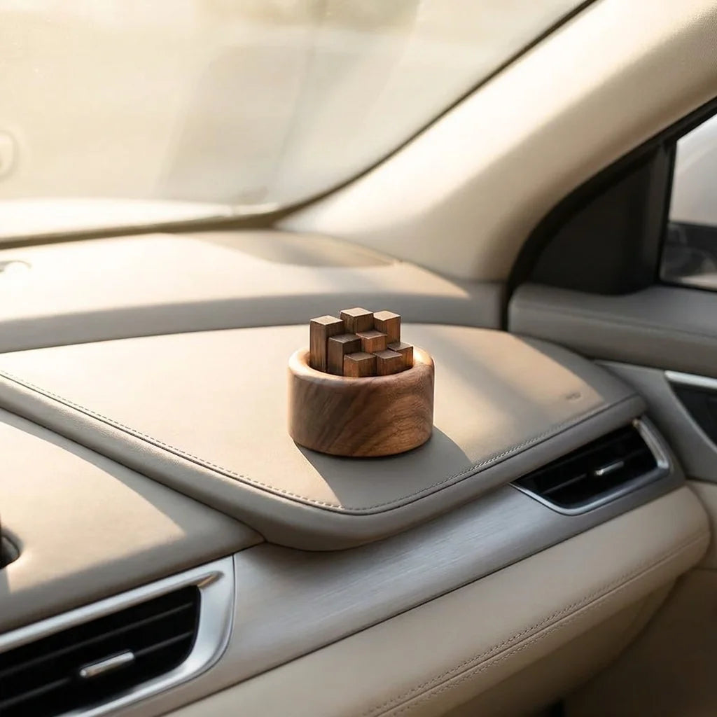 Diffuseur bois cylindrique huiles essentielles sur tableau de bord voiture