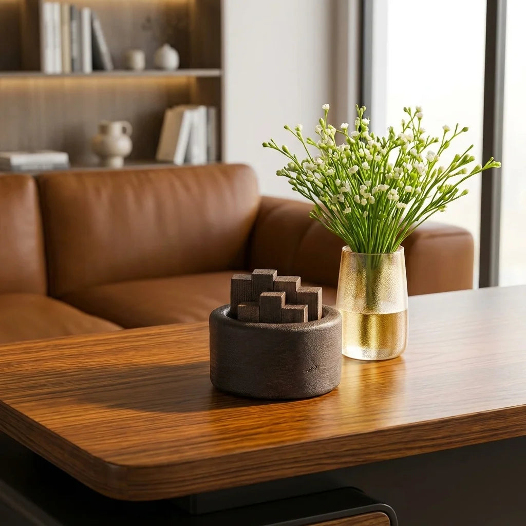 Diffuseur bois cylindrique huiles essentielles sur bureau décoration intérieure minimaliste