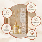 Diffuseur Osmanthus Jardin Secret français avec ses 5 bénéfices bien-être et packaging beige