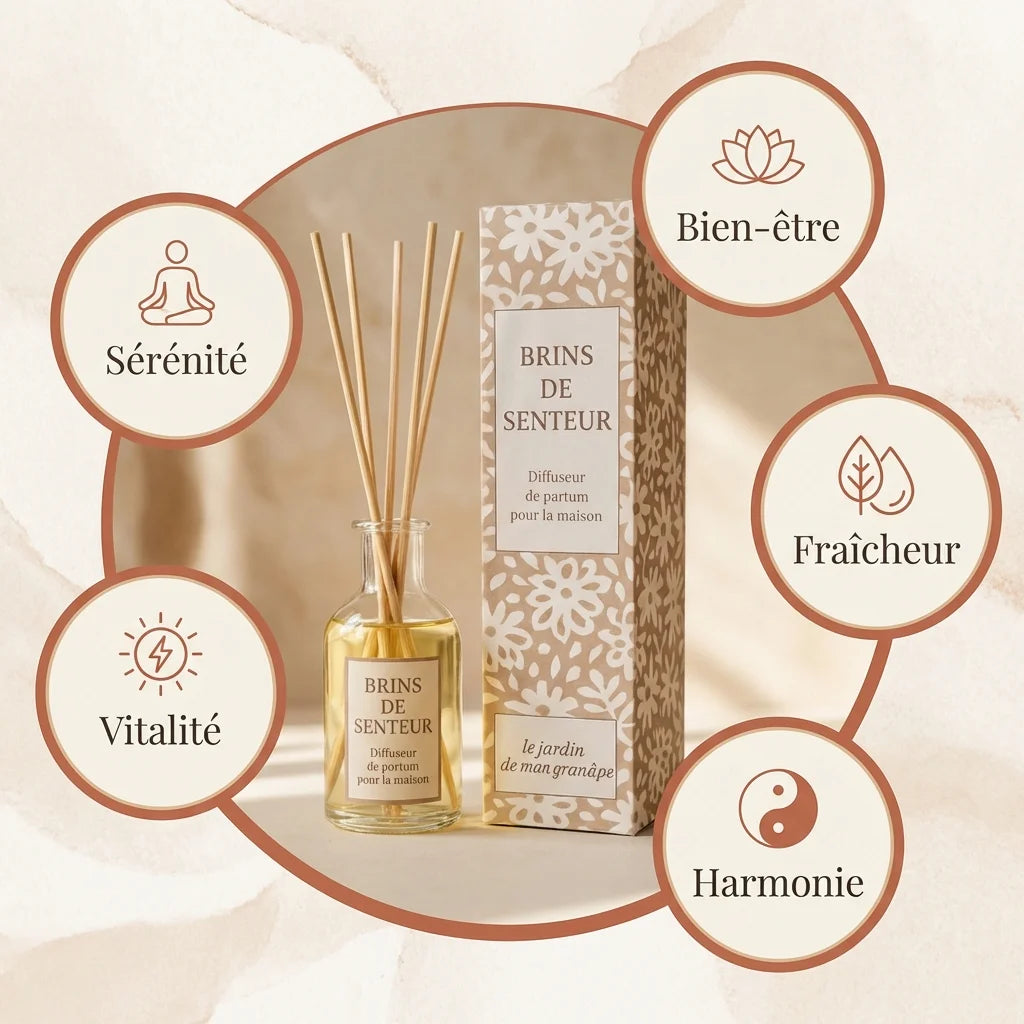 Diffuseur Osmanthus Jardin Secret français avec ses 5 bénéfices bien-être et packaging beige