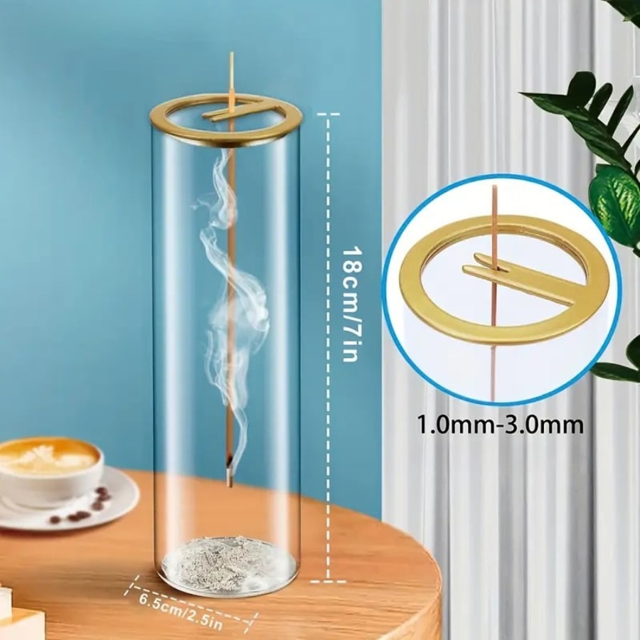 Dimensions du diffuseur d'encens en verre avec un zoom sur la partie supérieure