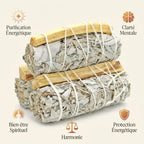 Duo Sauge Blanche Palo Santo avec icônes purification énergétique, clarté mentale et bien-être spirituel