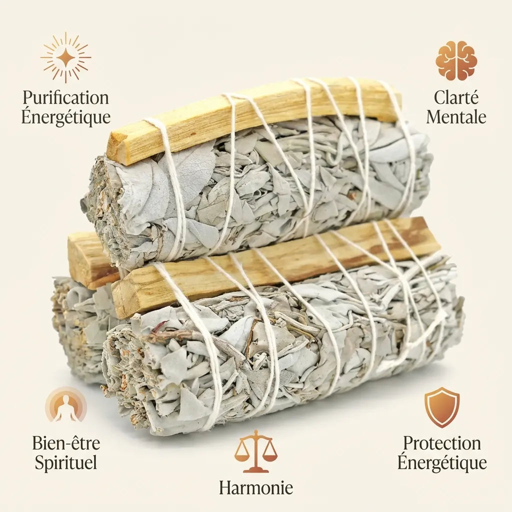 Duo Sauge Blanche Palo Santo avec icônes purification énergétique, clarté mentale et bien-être spirituel