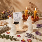 Kit Purification Énergétique Sauge Blanche et Sélénite sur autel mandala avec cristaux et bougies
