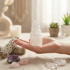 Kit Purification Énergétique Sauge Blanche et Sélénite en main sur fond minimaliste