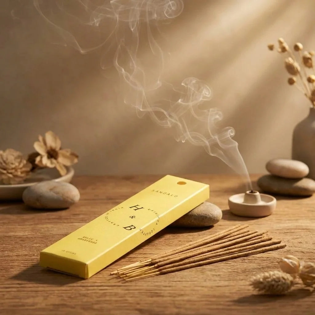 Bâtons encens Bois de Santal 10 pièces en emballage jaune avec fumée et ambiance méditation zen