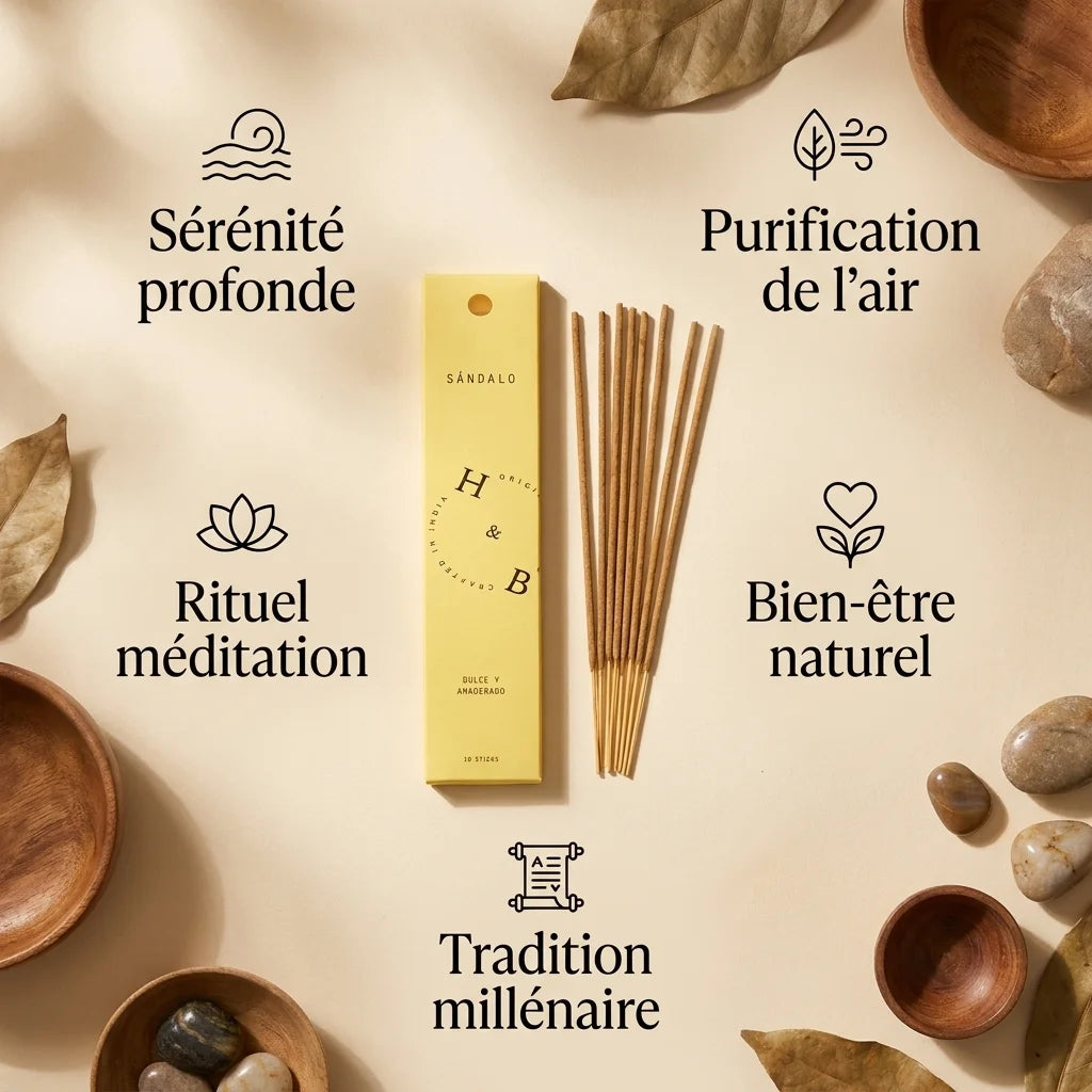 Encens Bois de Santal 10 bâtons avec ses bienfaits : sérénité, purification, méditation et bien-être naturel