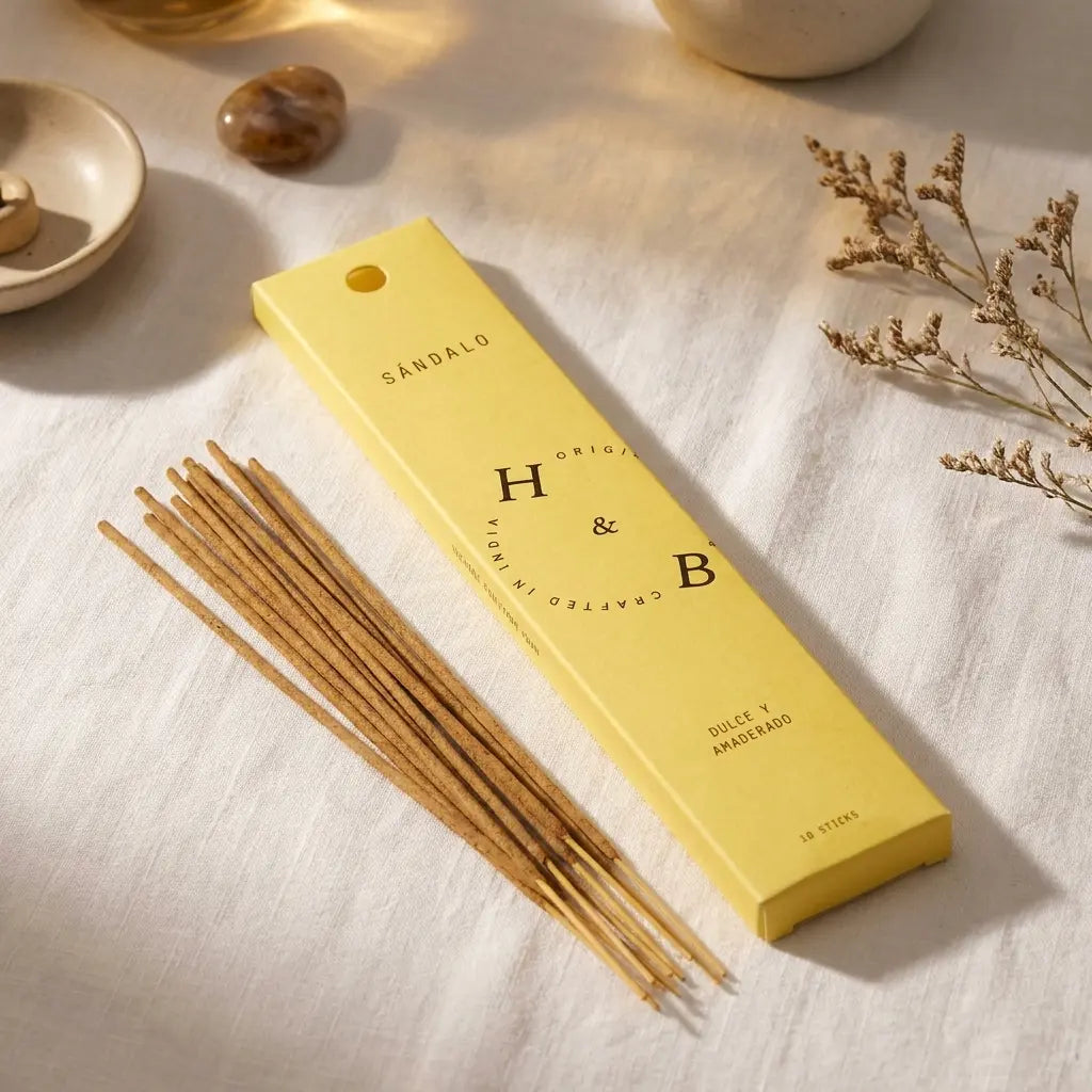 Boîte jaune Encens Bois de Santal avec 10 bâtons en bois sur fond blanc