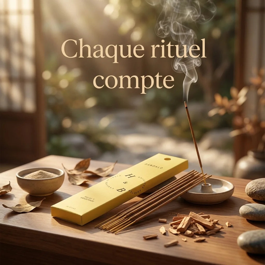 Encens Bois de Santal 10 bâtons sur autel méditation avec chips sandalwood et ambiance zen