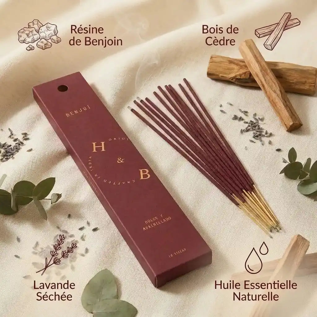 Encens naturel Benjoin 10 bâtons avec ingrédients naturels, résine, cèdre et lavande sur fond lin