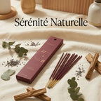 Encens naturel benjoin 10 bâtons avec packaging burgundy sur linge crème avec lavande séchée