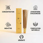 Encens naturel cèdre 10 bâtons avec ses 5 bénéfices : concentration, bien-être, purification, sérénité et atmosphère chaleureuse