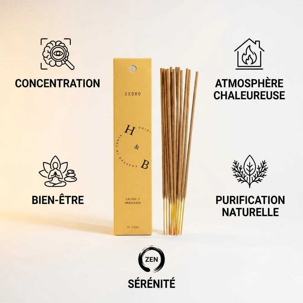 Encens naturel cèdre 10 bâtons avec ses 5 bénéfices : concentration, bien-être, purification, sérénité et atmosphère chaleureuse