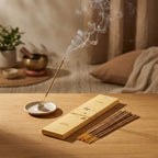 Encens naturel cèdre 10 bâtons avec fumée sur table de méditation en bois