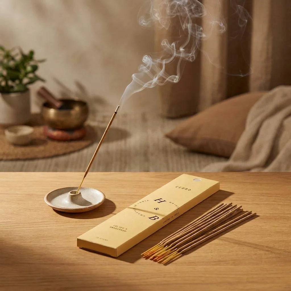Encens naturel cèdre 10 bâtons avec fumée sur table de méditation en bois