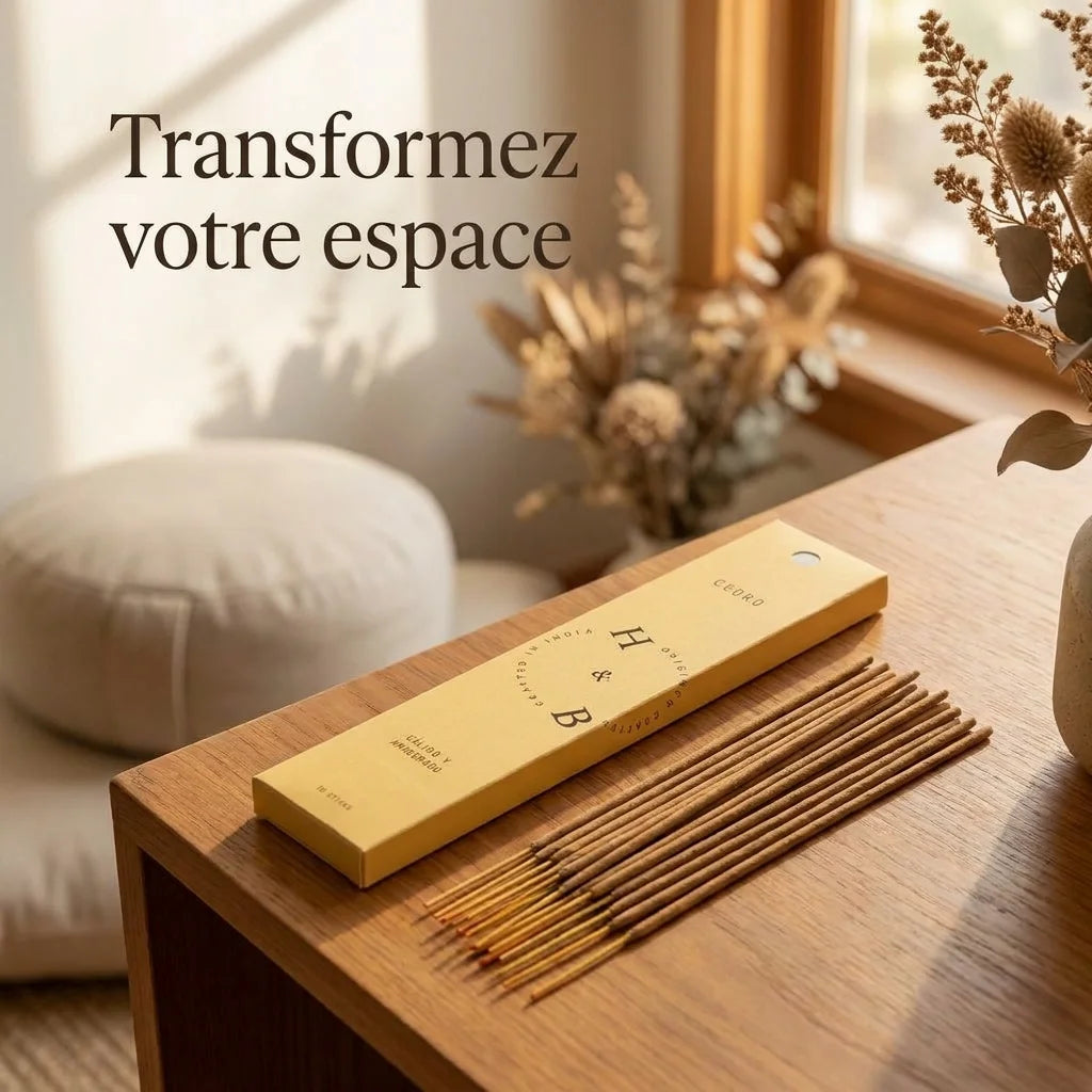 Encens naturel cèdre 10 bâtons en boîte jaune sur bureau bois avec éléments de méditation