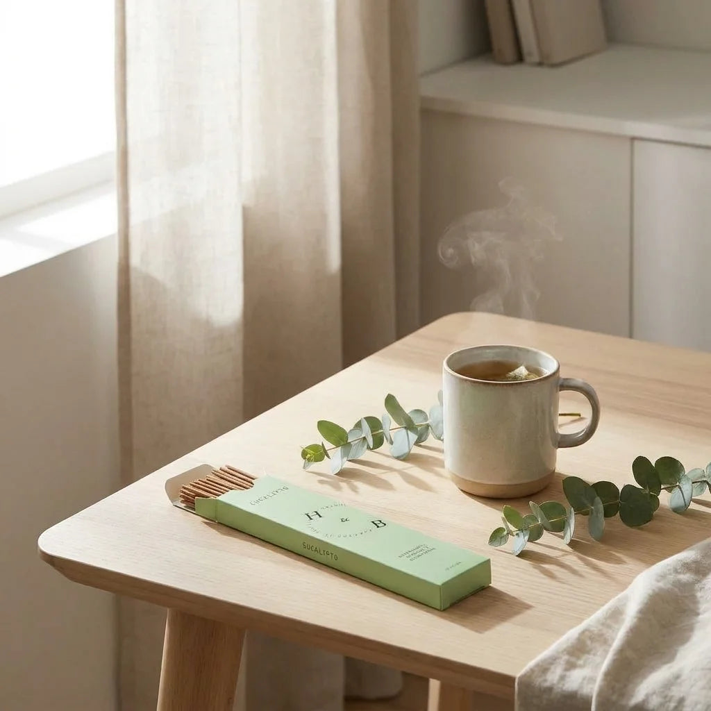 Encens naturel eucalyptus 10 bâtons sur table en bois avec tasse de thé et feuilles fraîches