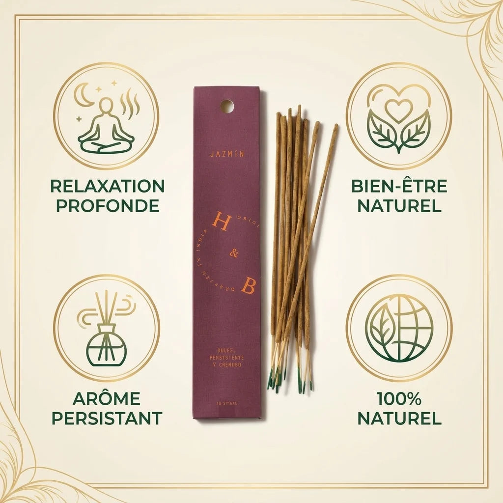 Encens naturel jasmin 10 bâtons avec ses bienfaits: relaxation, bien-être et arôme persistant