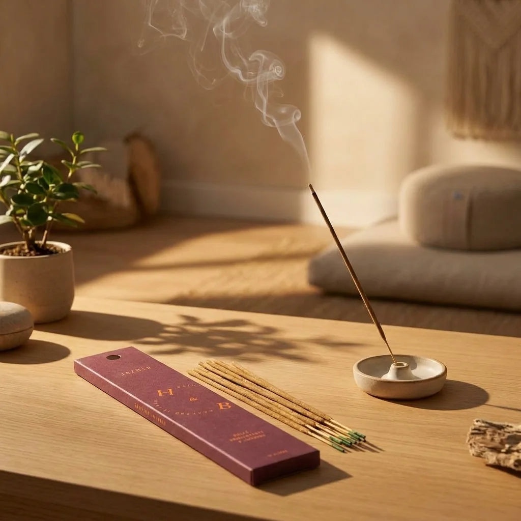 Encens naturel jasmin 10 bâtons avec packaging bordeaux sur support céramique dans ambiance méditation