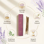 Encens naturel lavande 10 bâtons avec infographie des bénfaits : sérénité, 100% naturel, longue durée