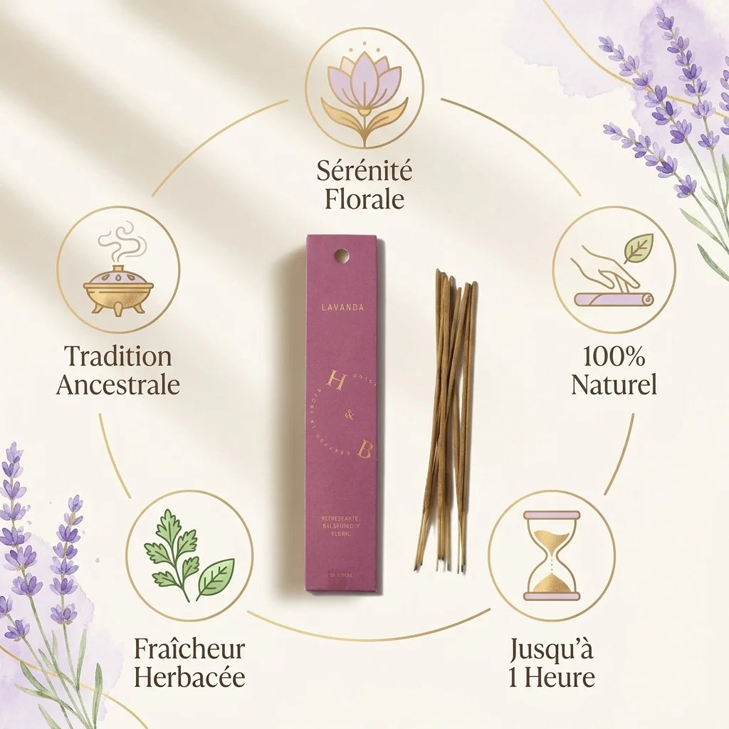 Encens naturel lavande 10 bâtons avec infographie des bénfaits : sérénité, 100% naturel, longue durée