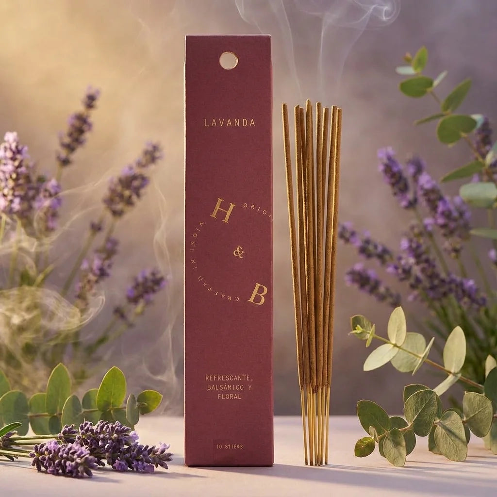 Encens naturel lavande 10 bâtons en boîte avec fleurs et feuilles sur fond spa apaisante
