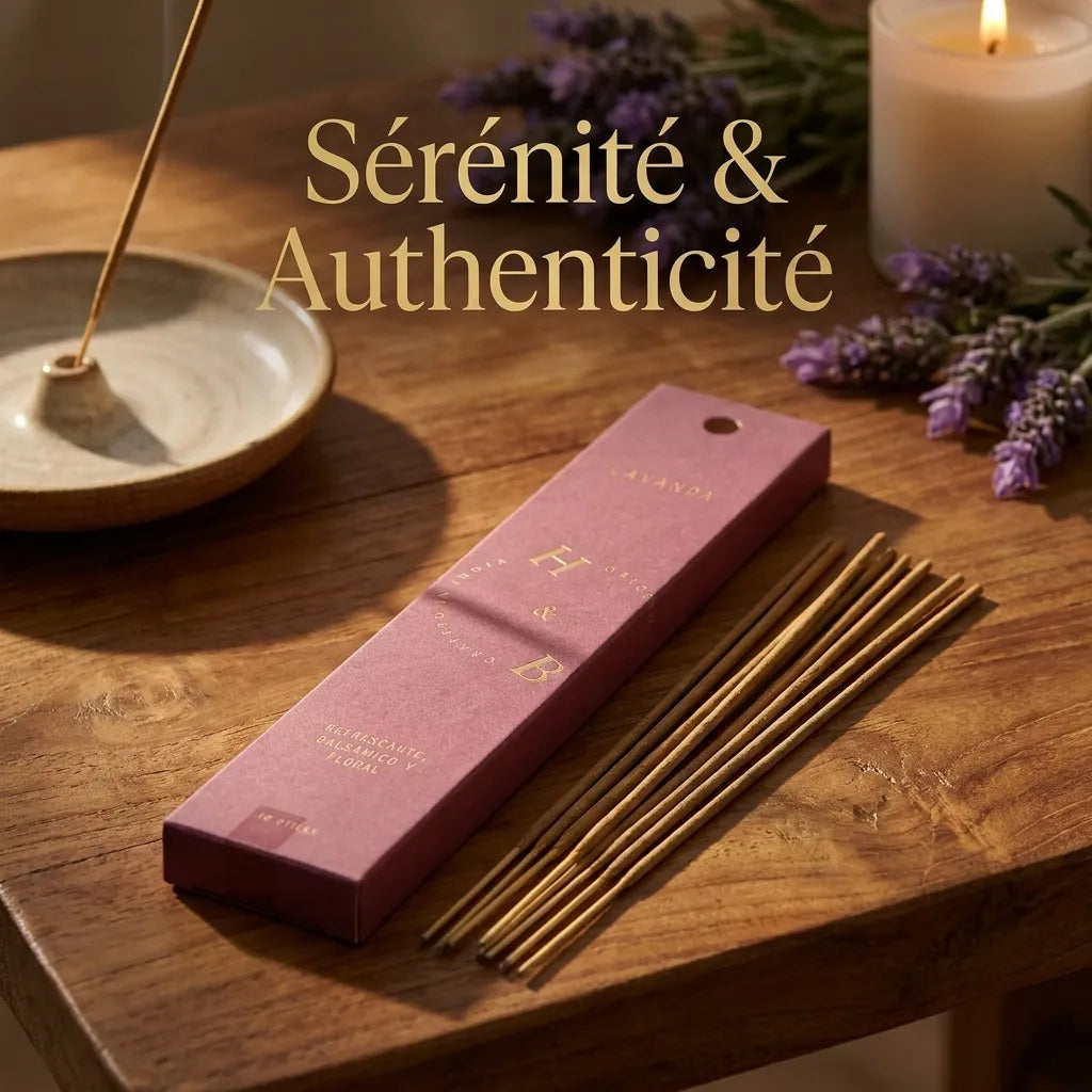 Encens naturel lavande 10 bâtons avec packaging et fleurs séchées sur surface zen