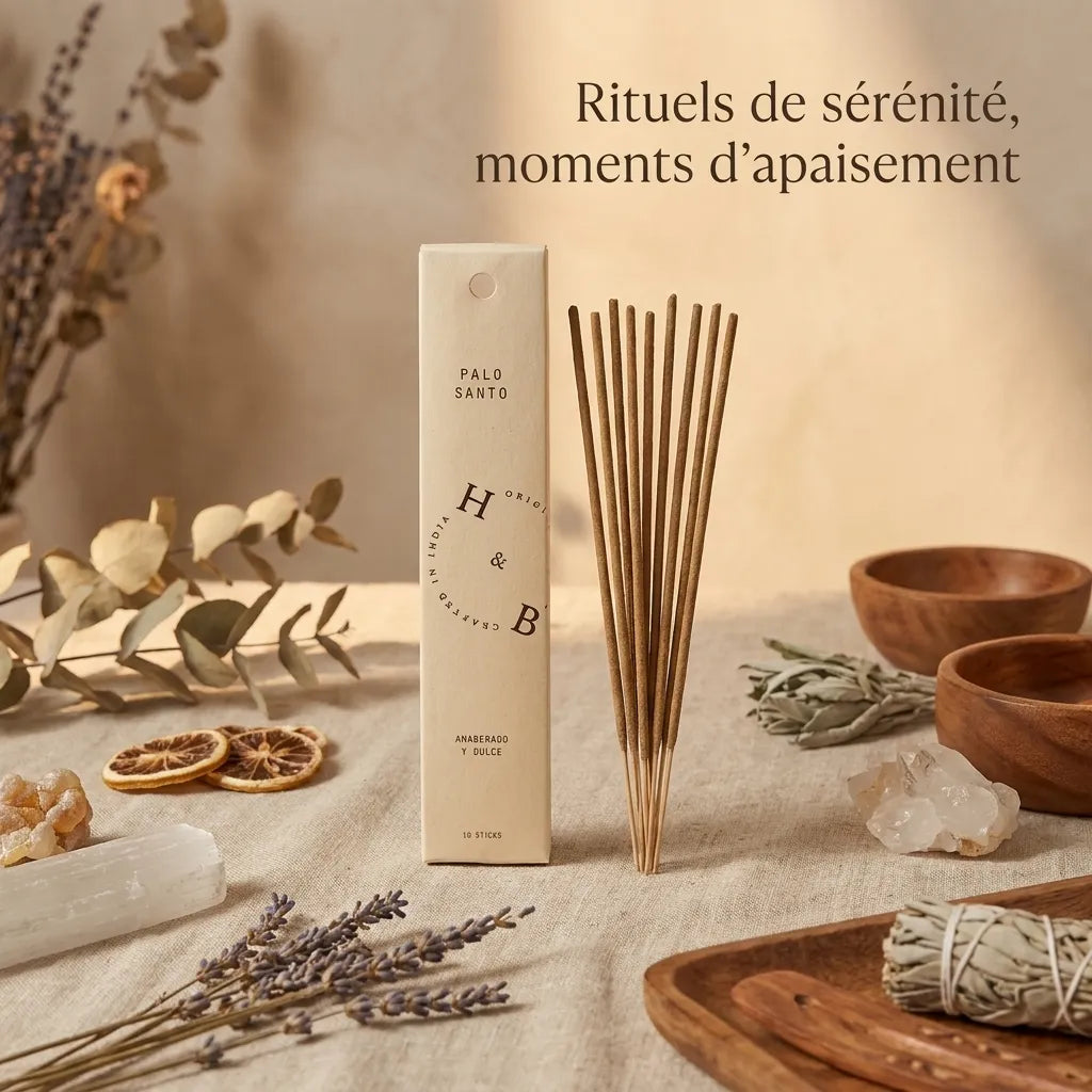 Encens Palo Santo naturel 10 bâtons H&B dans un décor wellness avec cristaux et botaniques