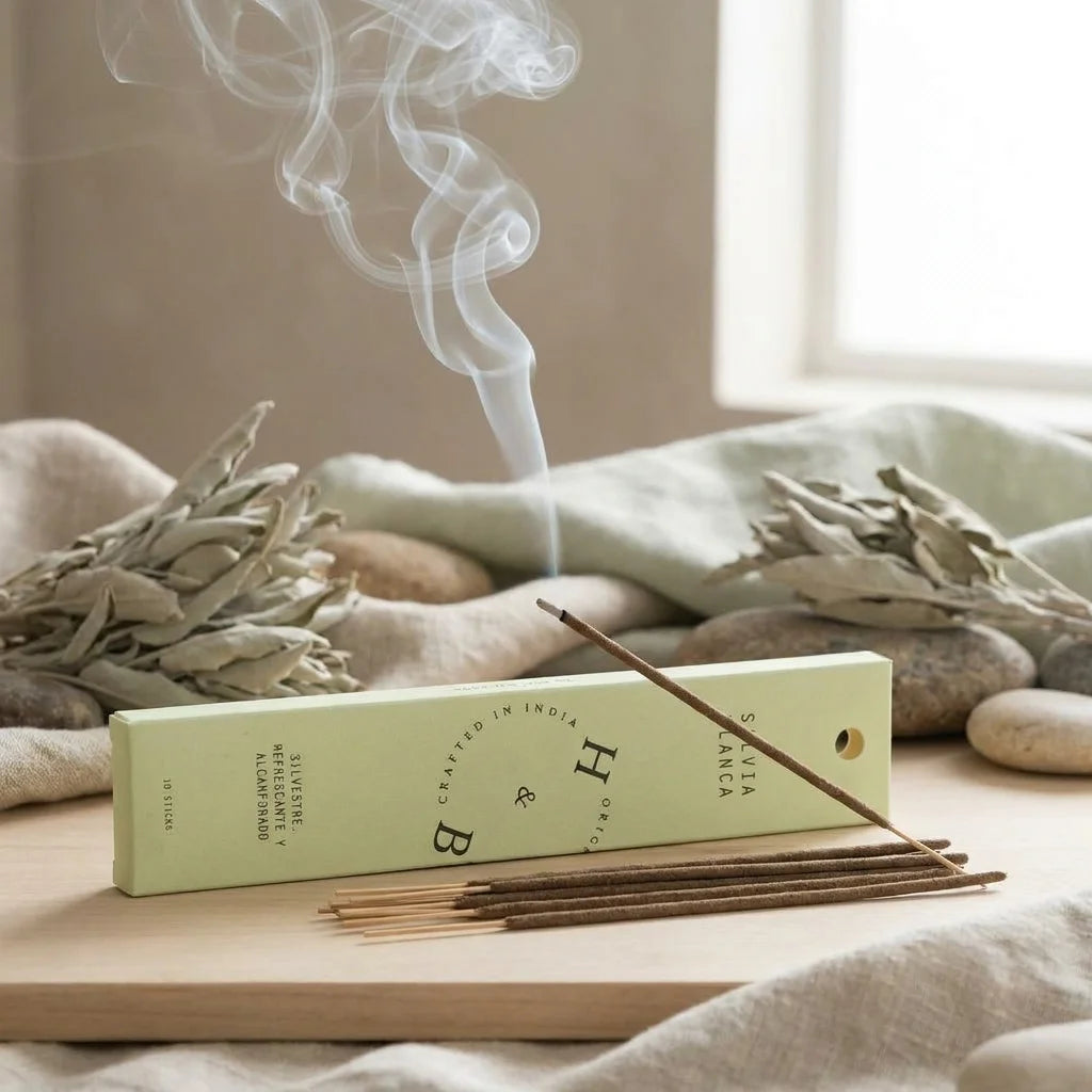 Encens sauge blanche 10 bâtons en packaging vert, fumée apaisante et ambiance bien-être naturel