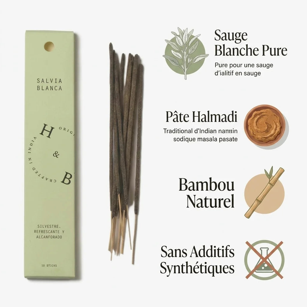 Encens sauge blanche 10 bâtons naturels avec boîte verte, ingrédients purs et bambou