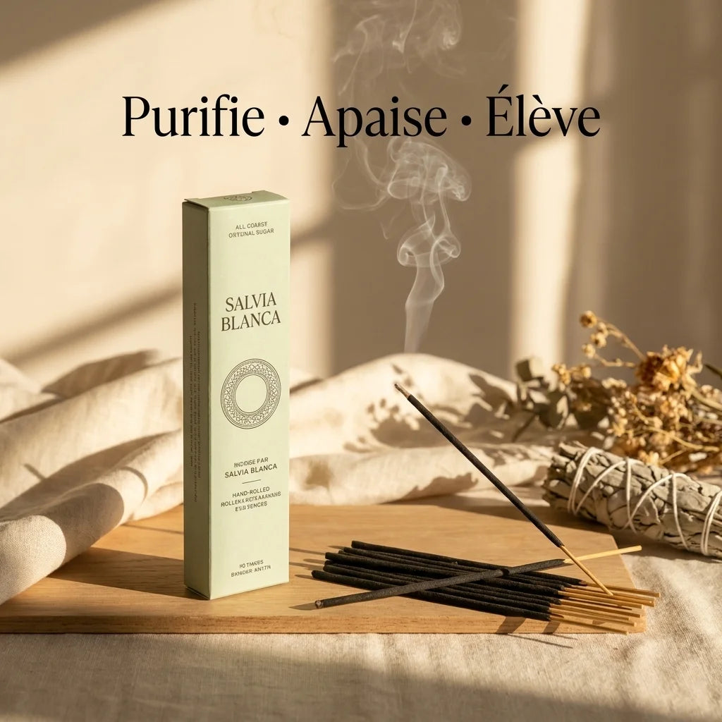 Encens Sauge Blanche 10 bâtons naturels avec fumée apaisante en ambiance méditation zen