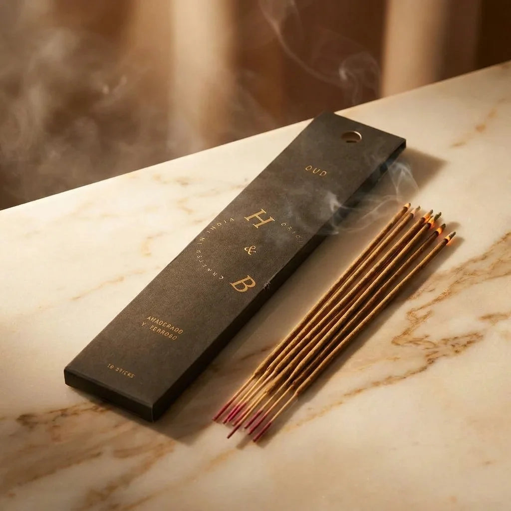 Encens Oud 10 bâtons avec boîte dorée sur marbre, bâtons allumés aux reflets ambrés