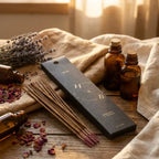 Encens Oud 10 bâtons premium dans sa boîte noire, présenté avec éléments de bien-être luxe