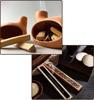 Bâtons de Palo Santo et encens disposés dans des supports en céramique et en bois pour un rituel de détente et de purification.