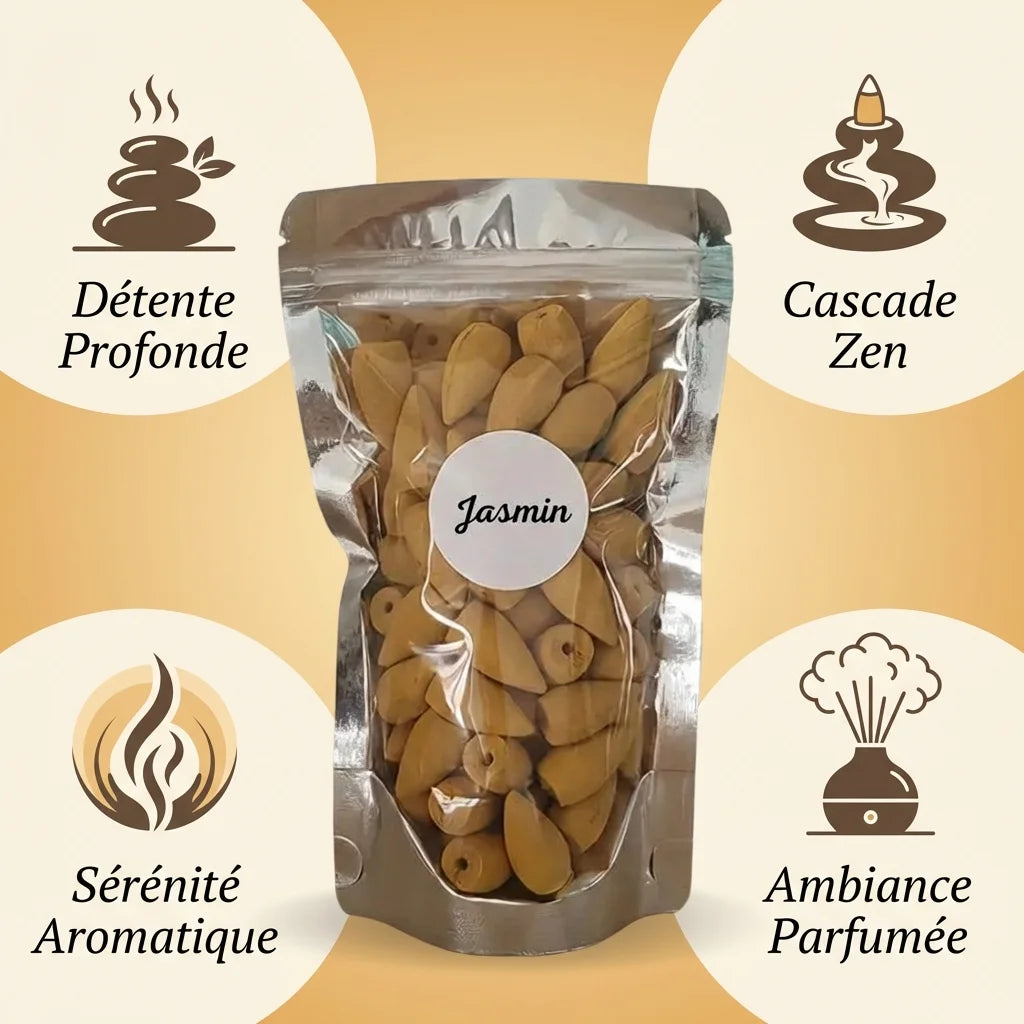 Encens Reflux Jasmin 60 Cônes avec icônes de détente, cascade zen et sérénité aromatique