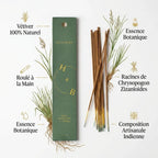 Encens Vétiver naturel 10 bâtons roulés à la main avec packaging vert et or H&B