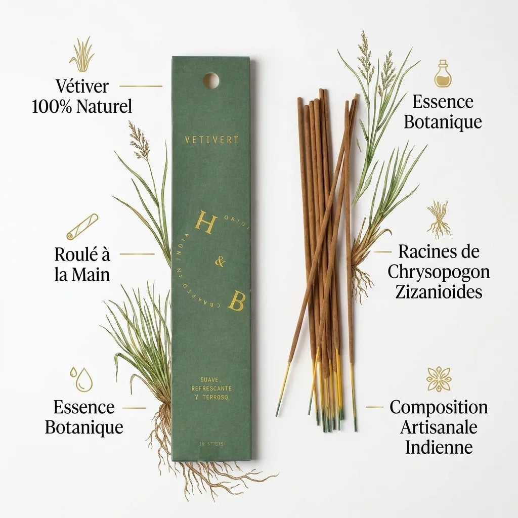 Encens Vétiver naturel 10 bâtons roulés à la main avec packaging vert et or H&B
