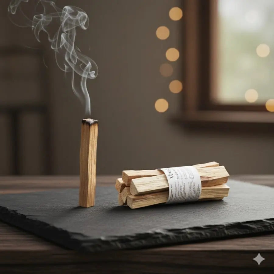 Un fagot de bâtons de palo santo de la maque Veegreen, sur une ardoise noire, avec un bâton en train de brûler à côté