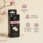 Fondant Cire parfumée Magnolia Scentchips - Packaging noir avec bande rose, infographie des bénéfices
