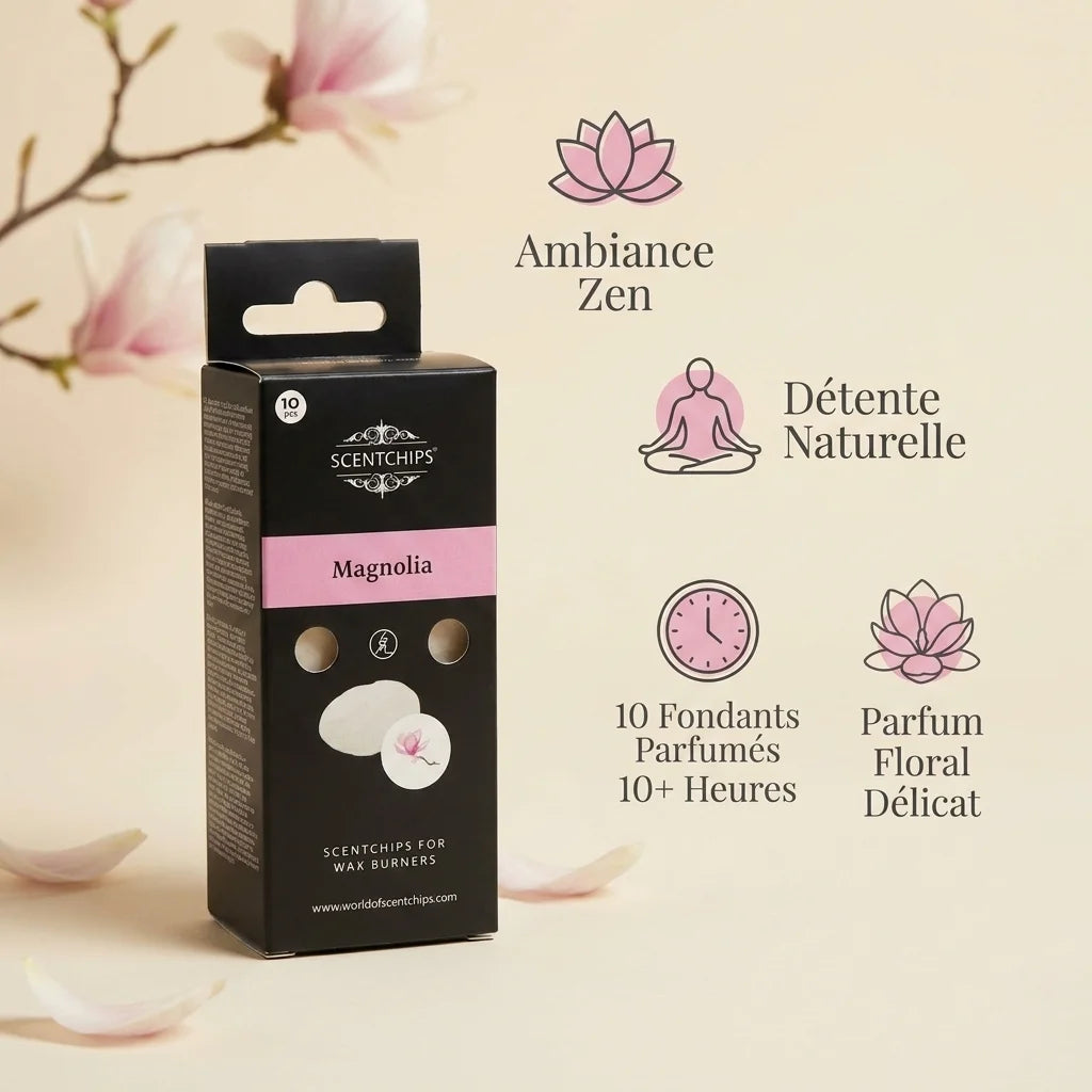 Fondant Cire parfumée Magnolia Scentchips - Packaging noir avec bande rose, infographie des bénéfices
