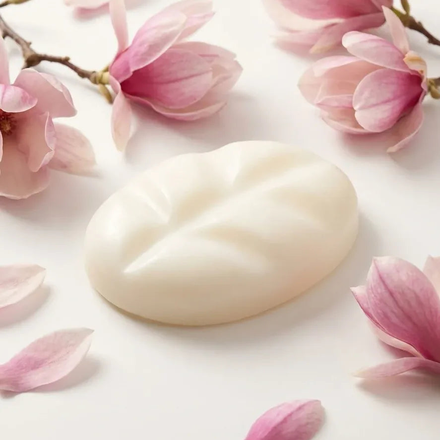 Fondant cire parfumée Magnolia Scentchips sur surface blanche avec branche et pétales roses