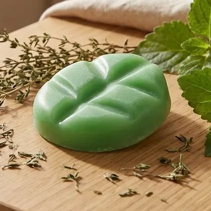Fondant cire Patchouli Thym Scentchips sur surface bois avec herbes séchées, ambiance luxe minimaliste