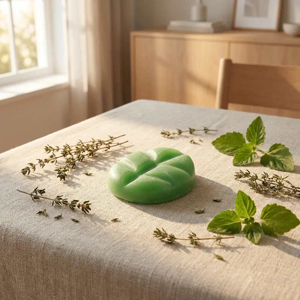 Fondant cire parfumée Scentchips Patchouli Thym ovale vert sur lin avec herbes séchées