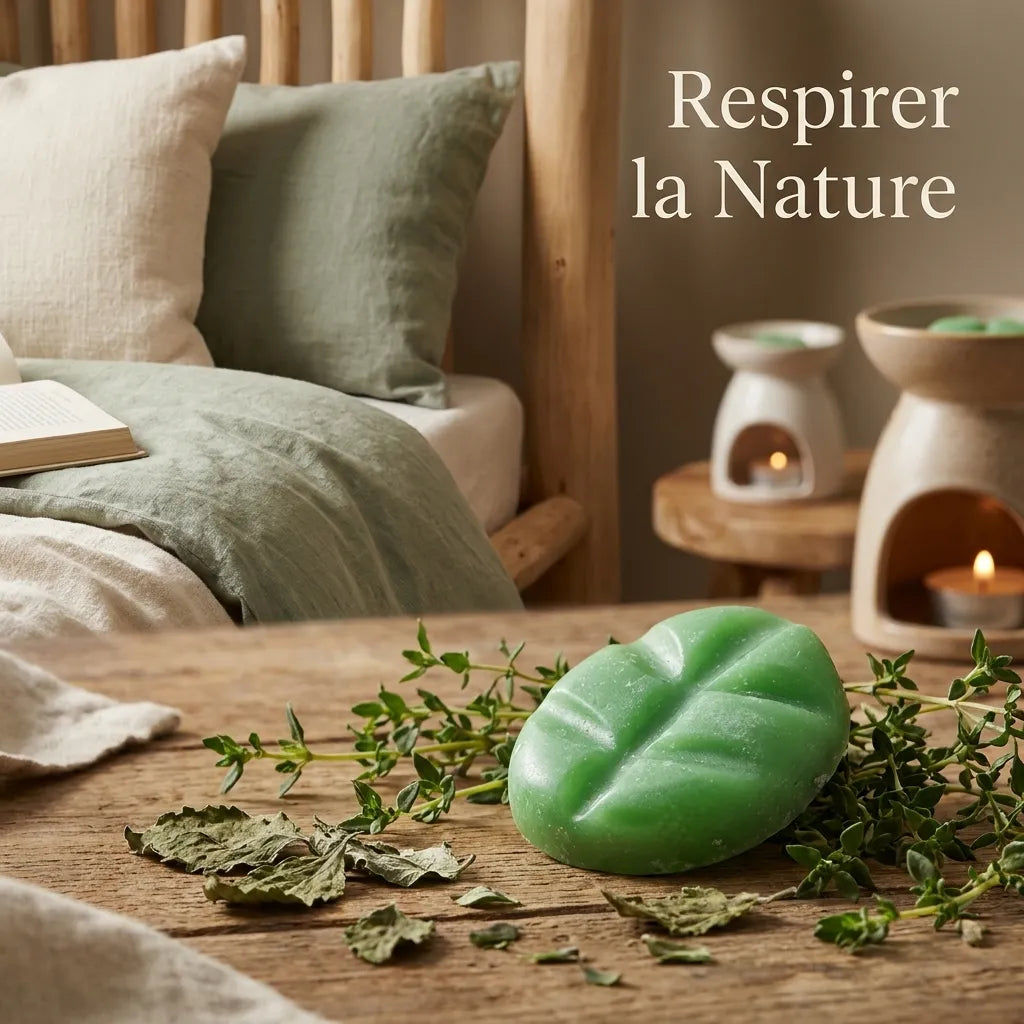 Fondant cire parfumée Patchouli Thym Scentchips sur surface bois avec herbes fraîches