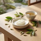 Fondant cire parfumée Thé blanc Scentchips dans assiette céramique blanche avec feuilles de thé frais