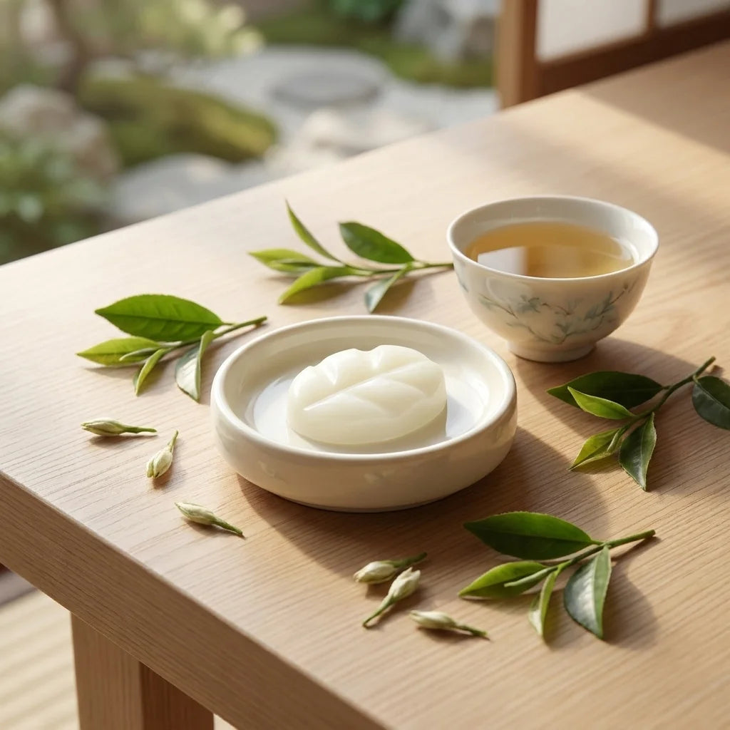 Fondant cire parfumée Thé blanc Scentchips dans assiette céramique blanche avec feuilles de thé frais
